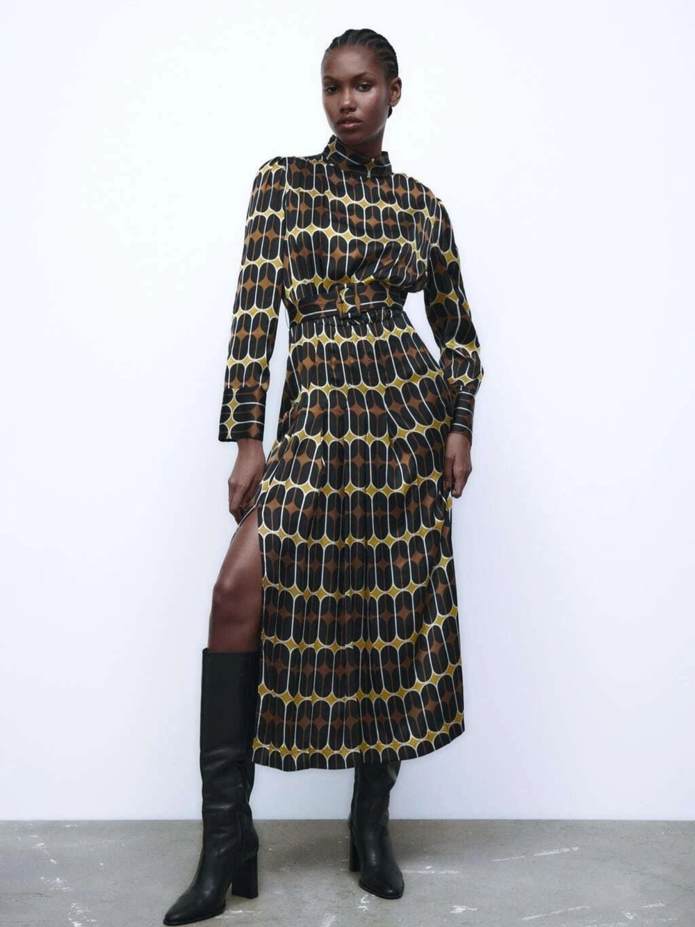 Zara Printed Belted Midi Dress